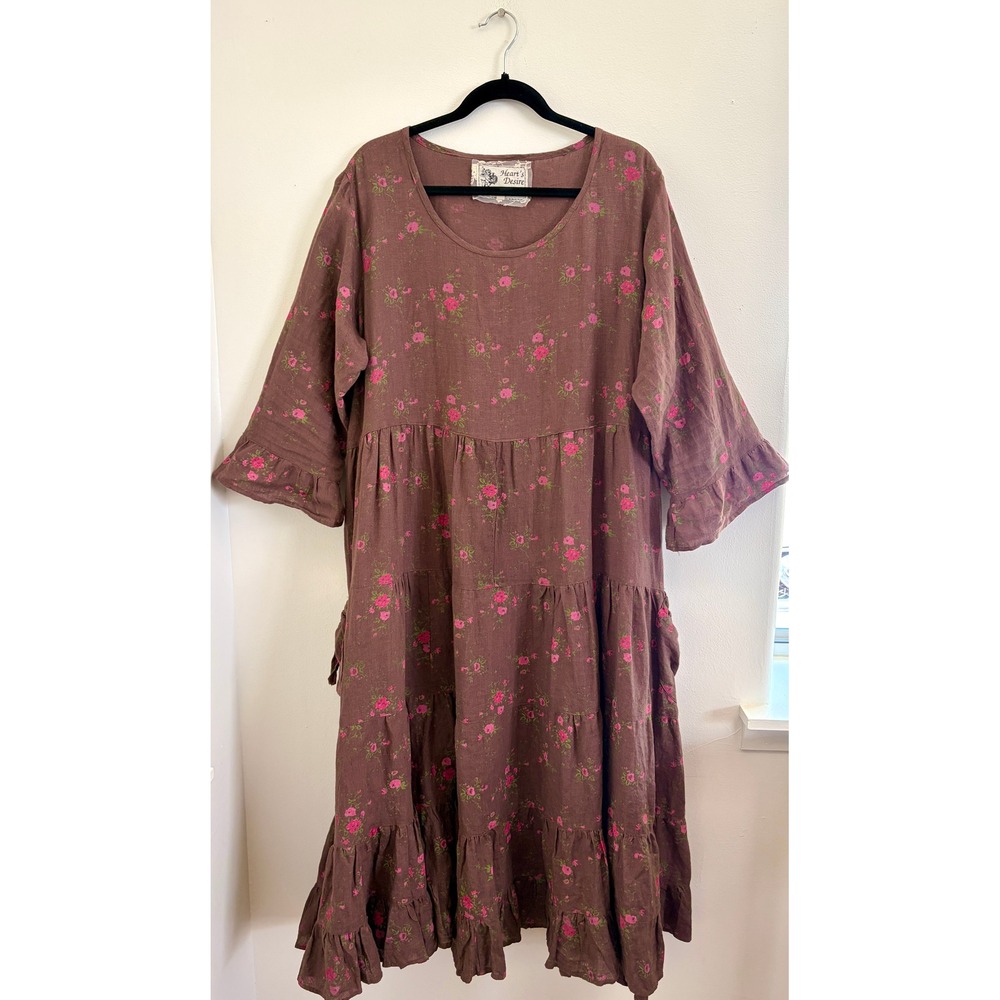 Heart's Desire Linen Floral Tiered Dress XXL Brown Cottagecore Lagenlook Boho - Picture 2 of 9